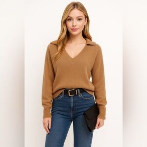 Reformation Camel Collared V-Neck Sweater Size L